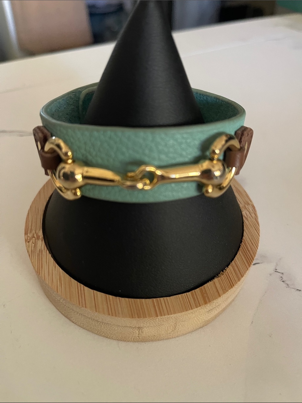 Gold tone Horsebit Leather Cuff Bracelet in Mint Green